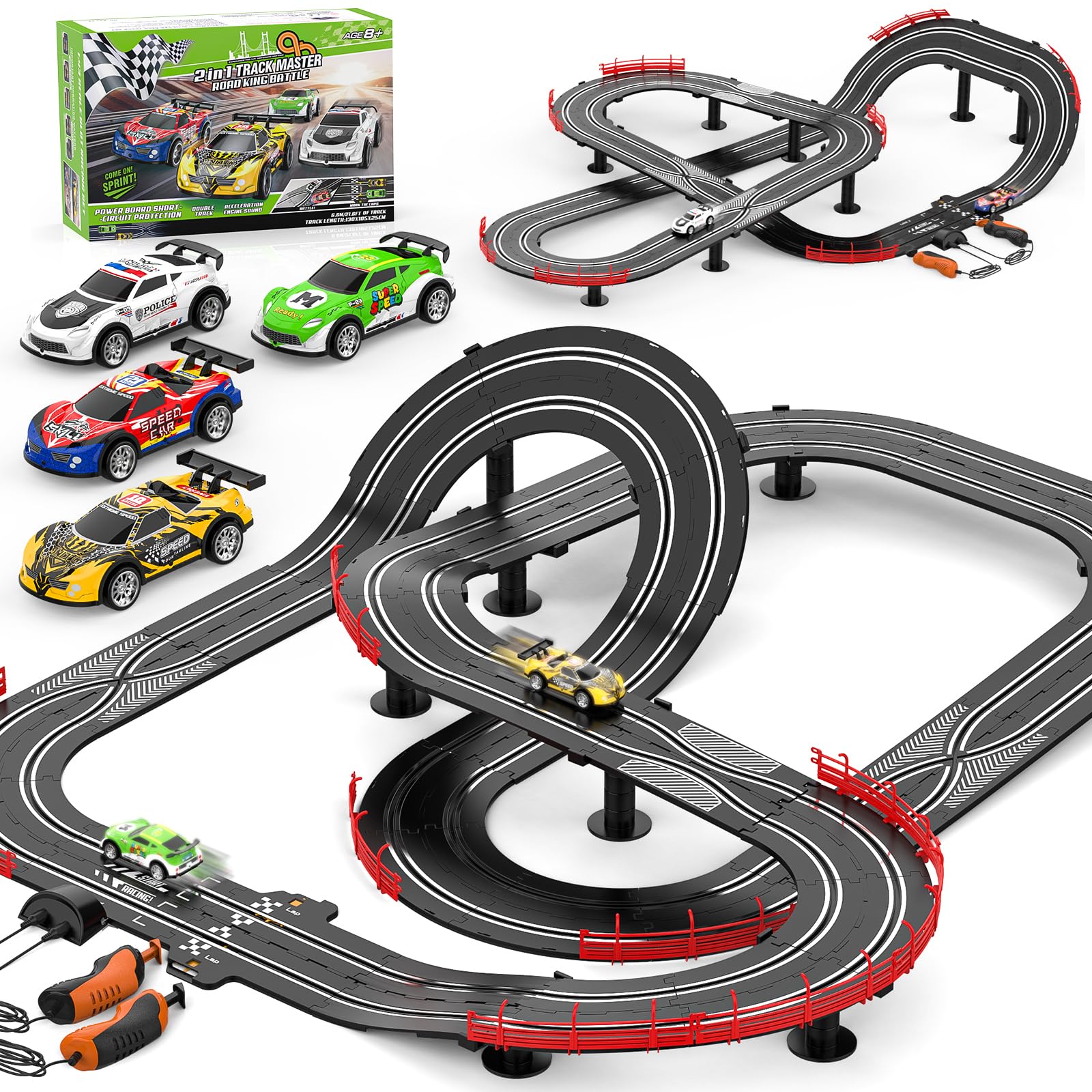 Photo 1 of 2 in 1 Slot Car Race Track Sets with 4 Slot Cars, 1:43 Electric Car Track for Boys, Dual Racing Game Lap Counter Circular Slope Track Sets, Birthday Gifts Toys for Boys Kids Ages 6 7 8 9 10 11 12
