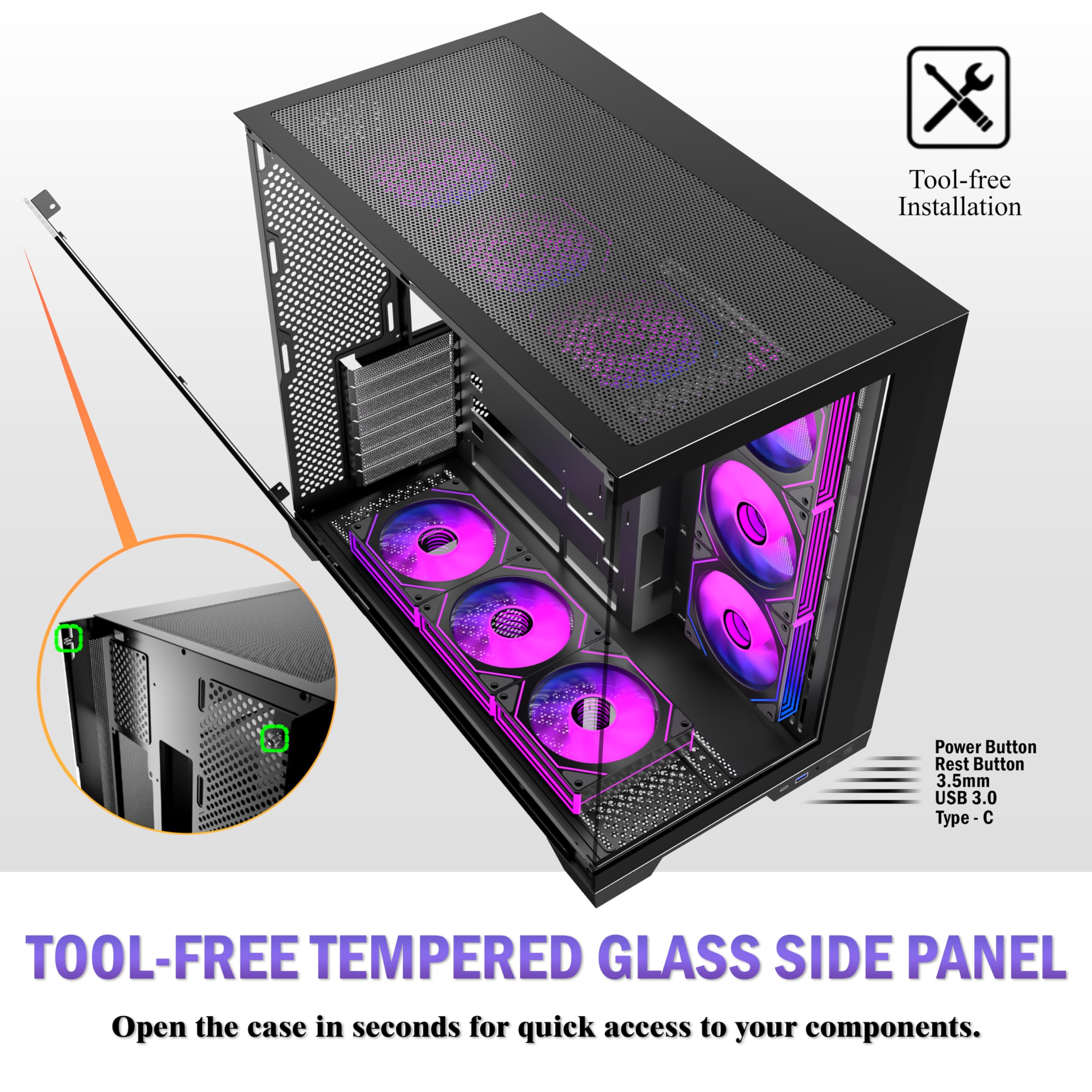 ANSAITE ATX PC-Gehäuse 9×120 mm ARGB PWM-Lüfter vorinstalliert ，Mid-Tower Gaming PC-Gehäuse, Panorama-Gehärtetes Glas Schwarz Computer-Gehäuse mit Typ-C, 360mm Radiator Unterstützung，H-D9 (Schwarz) 3