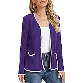 QUEZHU Women's Winter V-Neck Button Down Cardigan Knit Soft Sweater with Pockets
