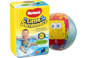 PARTYPOM Little Swimmers Disposable Swim Diapers, Size Small 3-4 (15lb-33lb.) Absorbent and Adjustable Swim Nappies for Baby, Toddler, Girls, Boys, 12 Swimming Pants Plus Bonus Spongebob Swim Ring