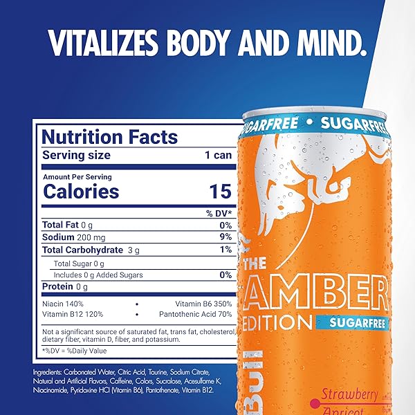 RED BULL AMBER EDITION SUGAR FREE ENERGY DRINK, STRAWBERRY APRICOT, WITH 114MG CAFFEINE PLUS TAURINE & B VITAMINS, 12 FL OZ, PACK OF 24 CANS