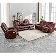 Ocstta Power Leather Recliner Sofa Set with LED Lights,Living Room Furniture Set, Breathing Leather Sofa Set with USB Port/Storage Console/Cup Holders (3 Pieces Reclining Sofa Set, Auburn)