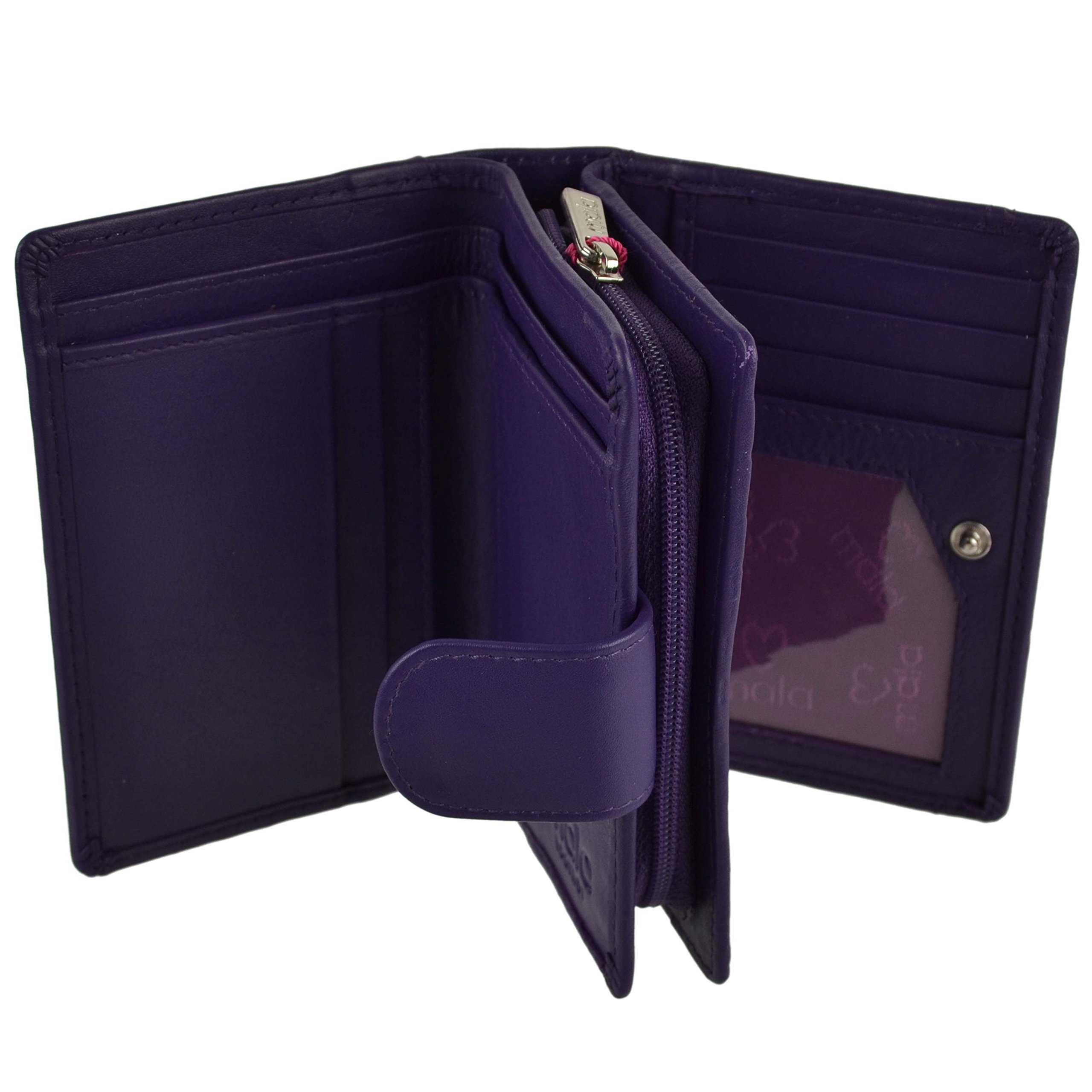 Ladies Compact Leather Tabbed RFID Protection Purse/Wallet by Mala; Origin Collection Classic Gift Boxed (Purple)