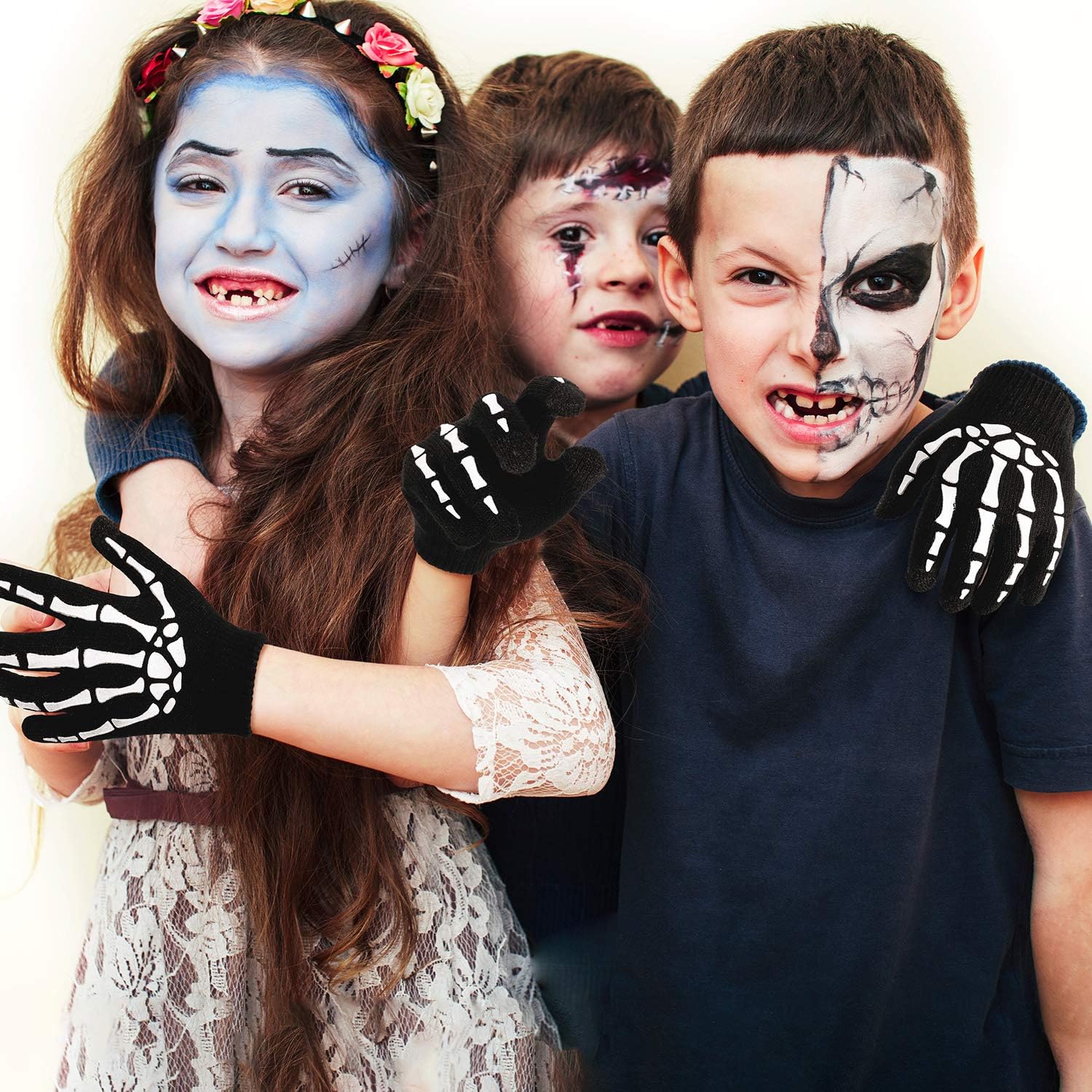 Cooraby 3 Pairs Kids Skeleton Touchscreen Gloves Halloween Glow in The Dark Full Finger Skull Bone Gloves: Toys & Games