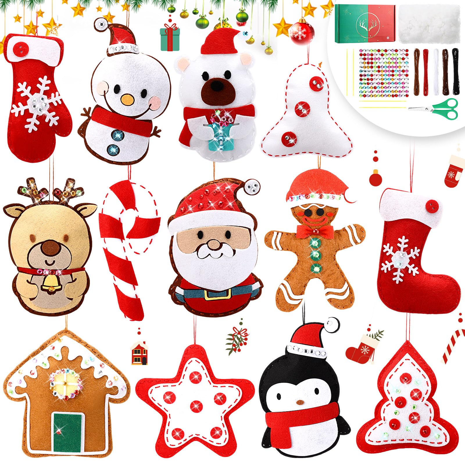 Fiada 13 Pcs Felt Ornaments Sewing DIY Craft Kit Stocking Gingerbread Christmas Tree Hanging Ornaments for DIY Christmas Party Favors Xmas Decorations Cute Felt Gifts