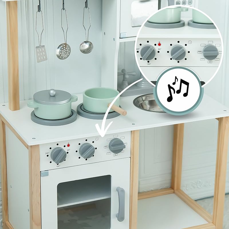 Cuisine en Bois Enfant Montessori 3+ Ans – Micro-Ondes, Four, évier & Accessoires Inclus – Solide, sûre, éducative, Couleurs Naturelles, Jeu créatif Durable