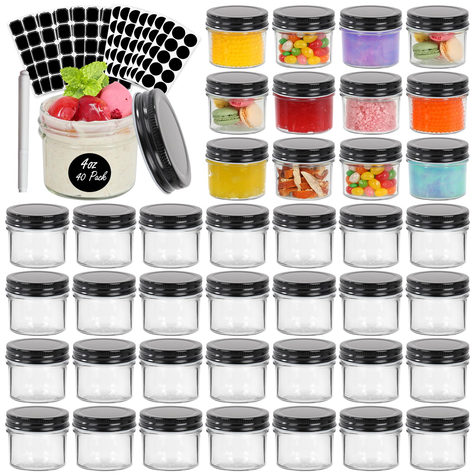 Photo 1 of EkkoVla 40 Pack 4 oz Glass Jars with Black Lids, Regular Mouth Mini Mason Jar, Canning Jars for Honey, Jam, Jelly, Wedding Favor, Shower Favor, Body Butters, Spice
