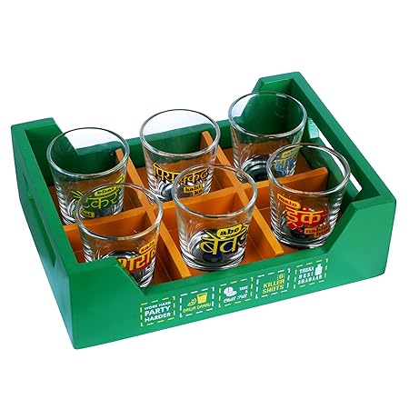 Ek Do Dhai Killer Tray with Shot Glass Set, 7-Pieces, 60ml, Multicolour