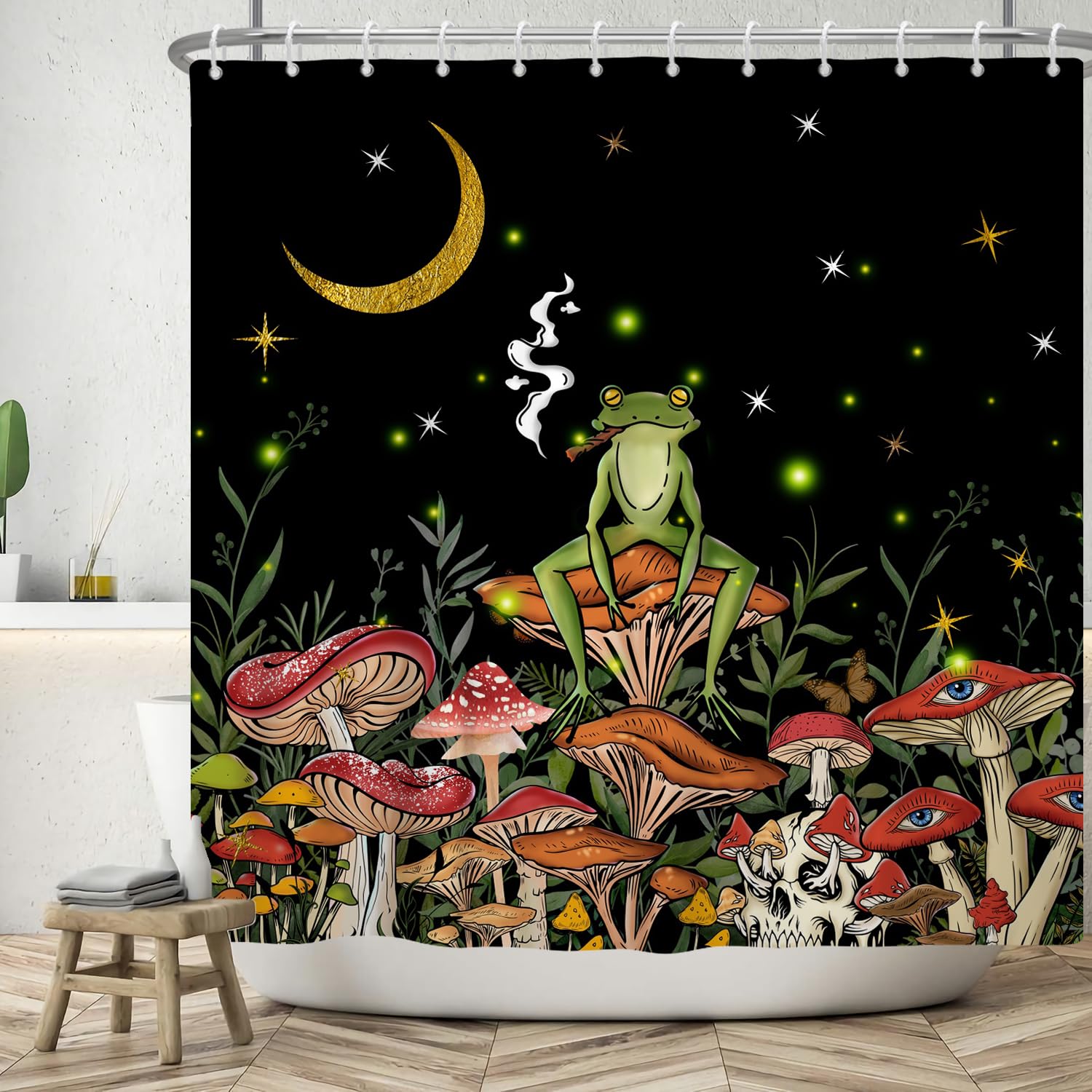 ASDCXZ Funny Shower Curtain 180x200 cm, Funny Frog Smoking Mushroom Gold Moon Star Black Bath Washable Shower Curtains Polyester Textile Waterproof Bath Curtain for Bathtub with 12 Hooks