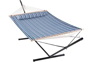 ANOW Double Hammock with Stand 12FT, Heavy Duty Hammock with Stand for Outdoors, 450 LBS Weight Capacity, Blue Stripes
