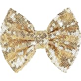 Lanmerry 5 inch Glitter Sequin Gold Hair Bows and Clips for Baby Toddler Girls - Big Hair Accessories