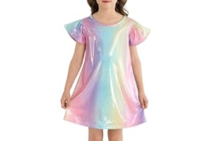 Fdqin Girls Party Dress Metallic Shiny Sparkly Colorful Flutter Sleeve Swing Midi Prom Dress