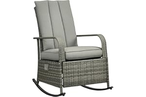 Outsunny Outdoor Wicker Rocking Chair with Cushion, Patio PE Rattan Recliner Chair with Adjustable Footrest, Armrests, Mixed 
