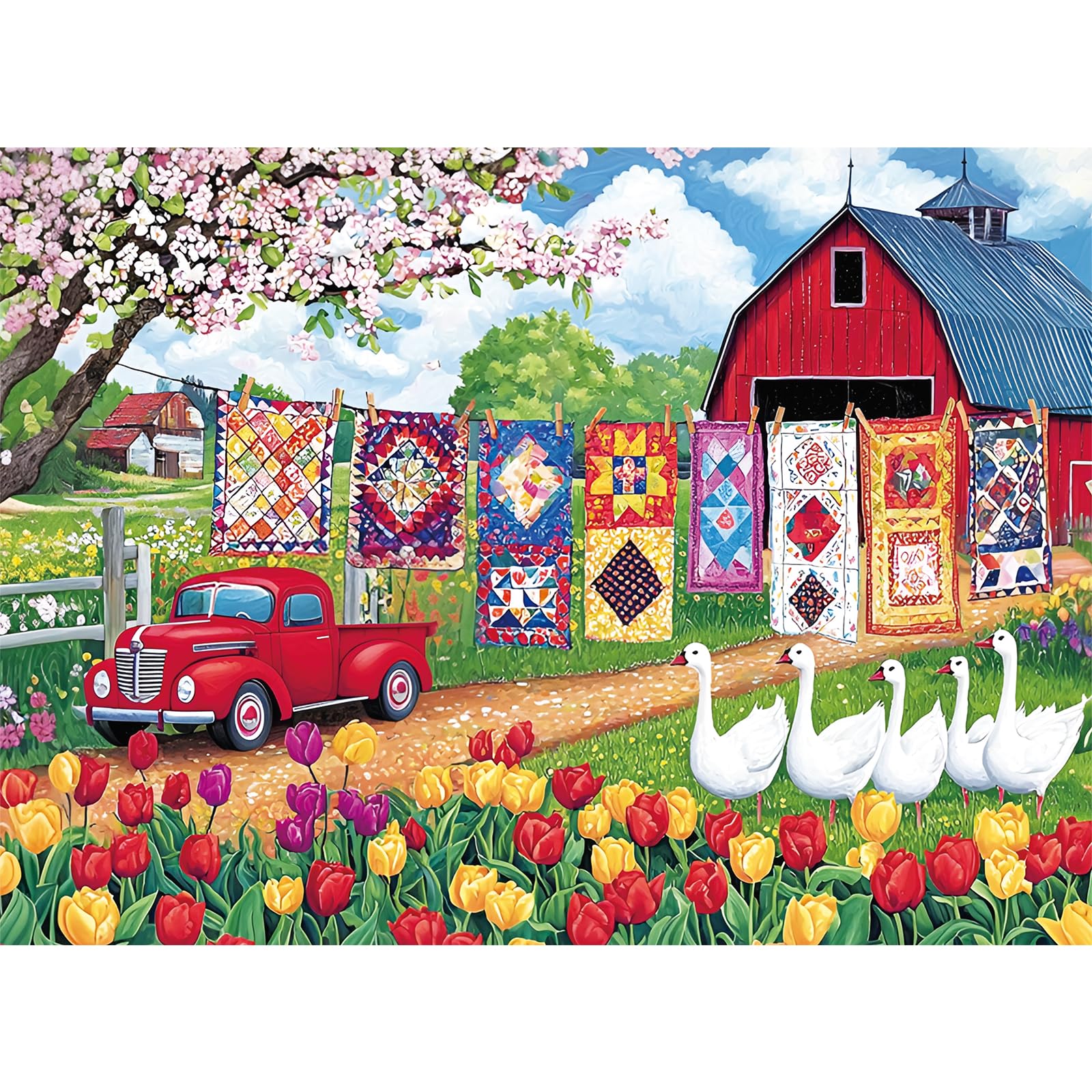 Photo 1 of 300 Piece Jigsaw Puzzle for Adults – Springtime Farmyard Delight with Quilts & Tulips– Challenging and Relaxing Puzzle for Game Nights, Gifts & Home Décor (20.5" × 15")