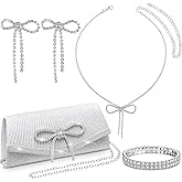 Abbylike 4 Pcs Rhinestone Evening Clutch Bag Set with Bow Dangle Earrings Necklace and Bracelet Glitter Purse for Women Prom