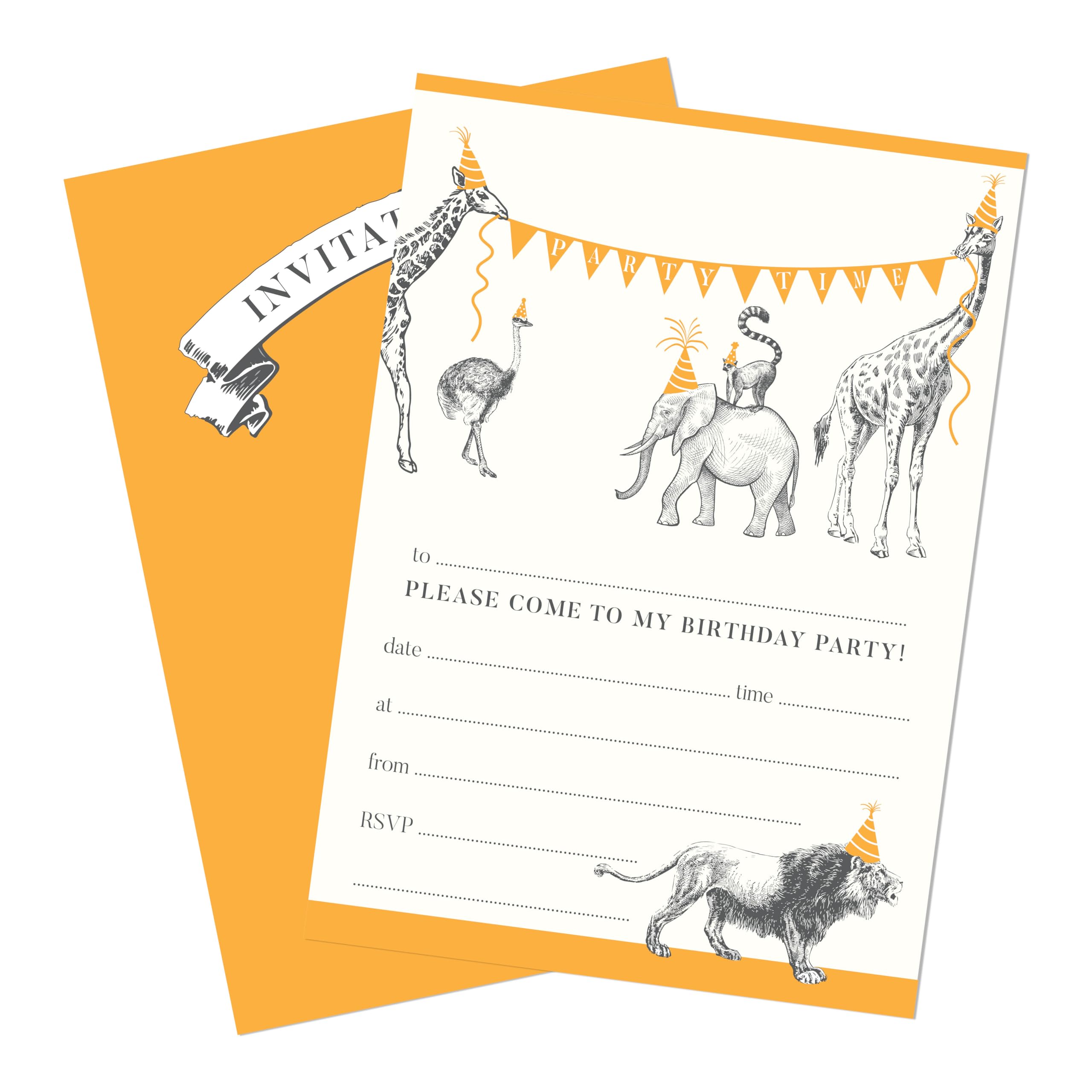 M & G Mustard & Gray Childrens Party Invitations (x12 Invites & Envelopes (C6), Animal Parade)