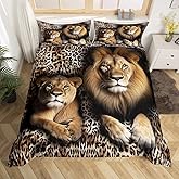 Lion Bedding Set Wild Lion Lover Couple Comforter Cover Queen 3Pcs for Kids Boys Girls African Animal Theme Duvet Cover, Black Brown Cheetah Leopard Print Bedspread Cover with 2 Pillowcases