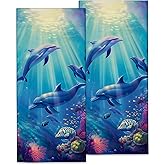 Kibue Adorable Dolphin Hand Towels, Soft Decorative Marine Design Hand Towel Set of 2 for Bathroom Hotel Home, Absorbent Dish Towels for Kitchen Drying Farmhouse Gifts 14×28 Inch