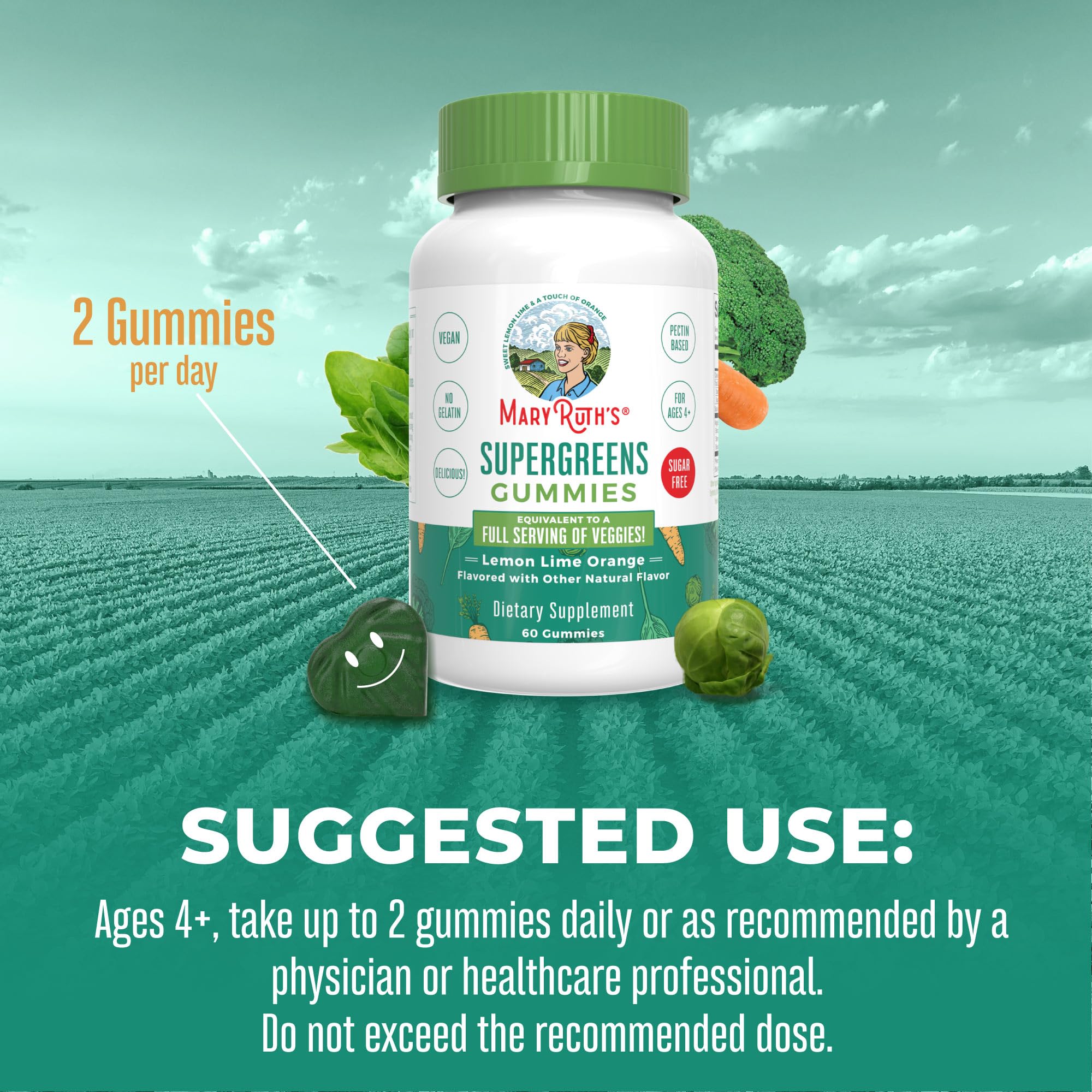 MaryRuth Organics Super Greens Gummies | Naturally-Occurring Quercetin for Adults and Kids Ages 4+ | Sugar Free | 2g Fiber Per Serving | Vegan | No Gelatin | Pectin Based | 60 Count | 30 Servings