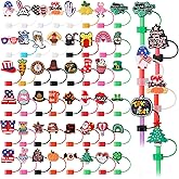 Ninehaoou 48 Pcs Holiday Straw Toppers Silicone Cute Straw Cover Cap Tumbler Reusable Drinking Cover Lid Topper Protector for Christmas Halloween Easter Independence Day St Patrick's Day