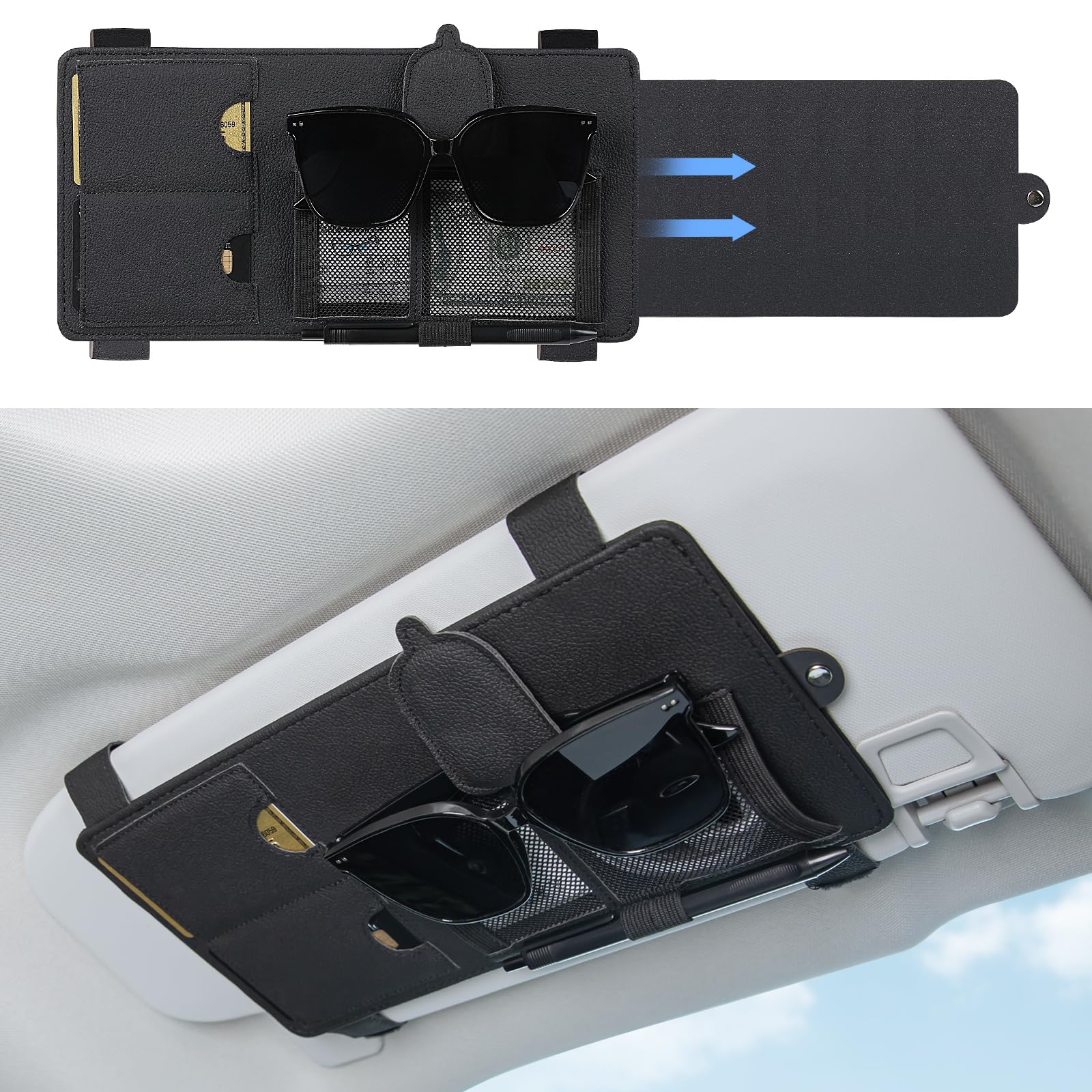 Photo 1 of SEG Direct Sun Visor Extender for Car, Sun Blocker with Magnetic Sunglass Holder Hanger Clip, Ticket Card Organization Pouches, Side Sunshade Visor Organizer Accessories, Black