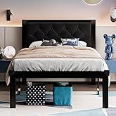 Feonase Twin Size Metal Bed Frame with Faux Leather Button Tufted Headboard, Heavy-Duty Platform Bed Frame with 12" Storage, Steel Slats Support, No Box Spring Needed, Noise Free, Black