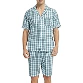 Vulcanodon Mens Cotton Pajama Set Short Sleeve, Button Down Pajama Set for Men Lightweight Men's Sleepwear