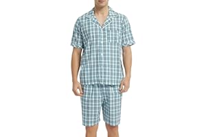 Vulcanodon Mens Cotton Pajama Set Short Sleeve, Button Down Pajama Set for Men Lightweight Men's Sleepwear