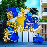 Royal Blue and gold Graduation Balloon Garland Kit with Gaduation cap diploma and explosion star foil balloons for Luxurious Graduation Party Decorations the Class of 2025 supplies