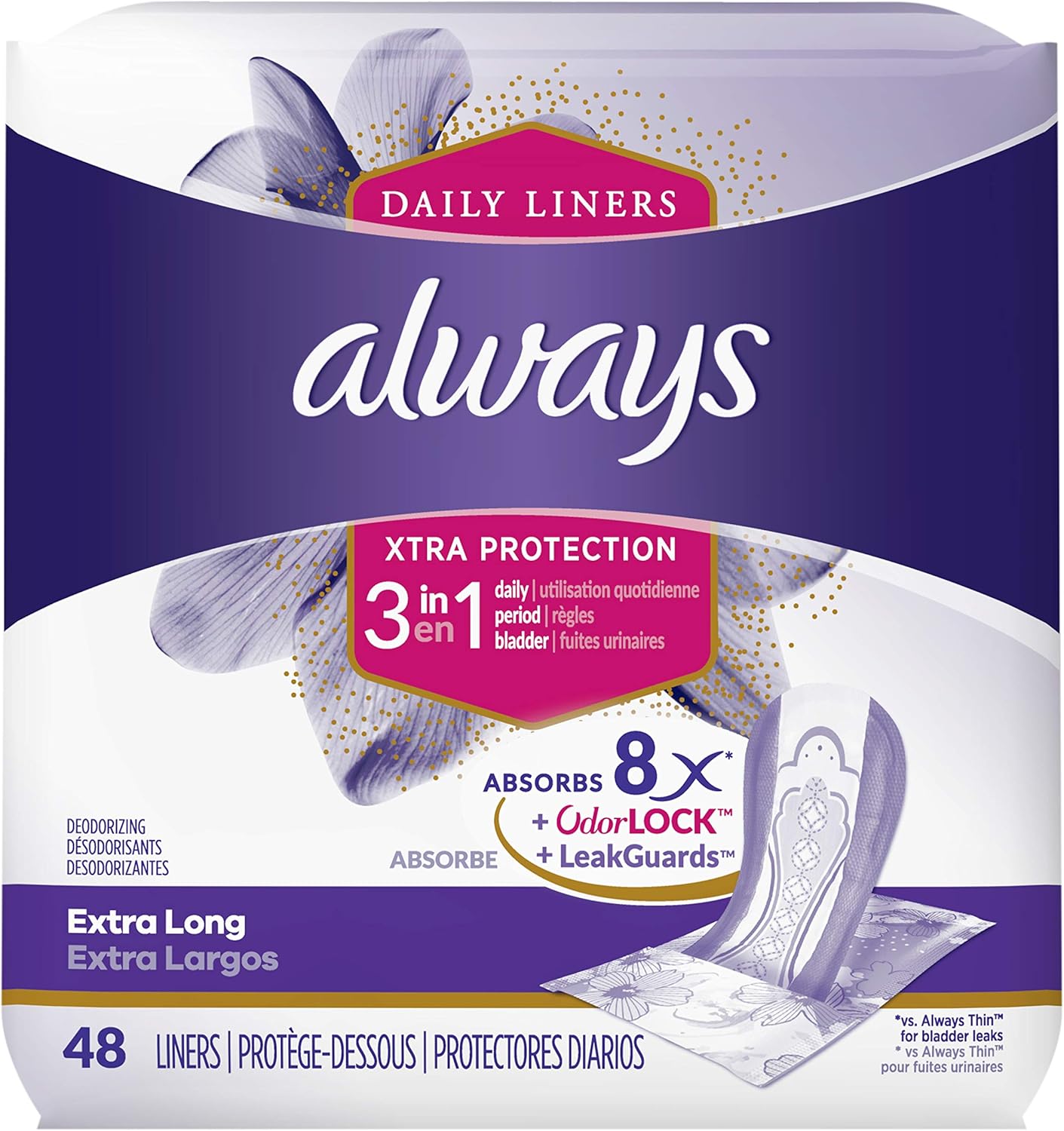 Always Xtra Protection 3-in-1 Daily Liners Extra Long with Leakguards, 144 Count, Unscented, (3 Packs of 48 - 144 Count Total): Health & Personal Care