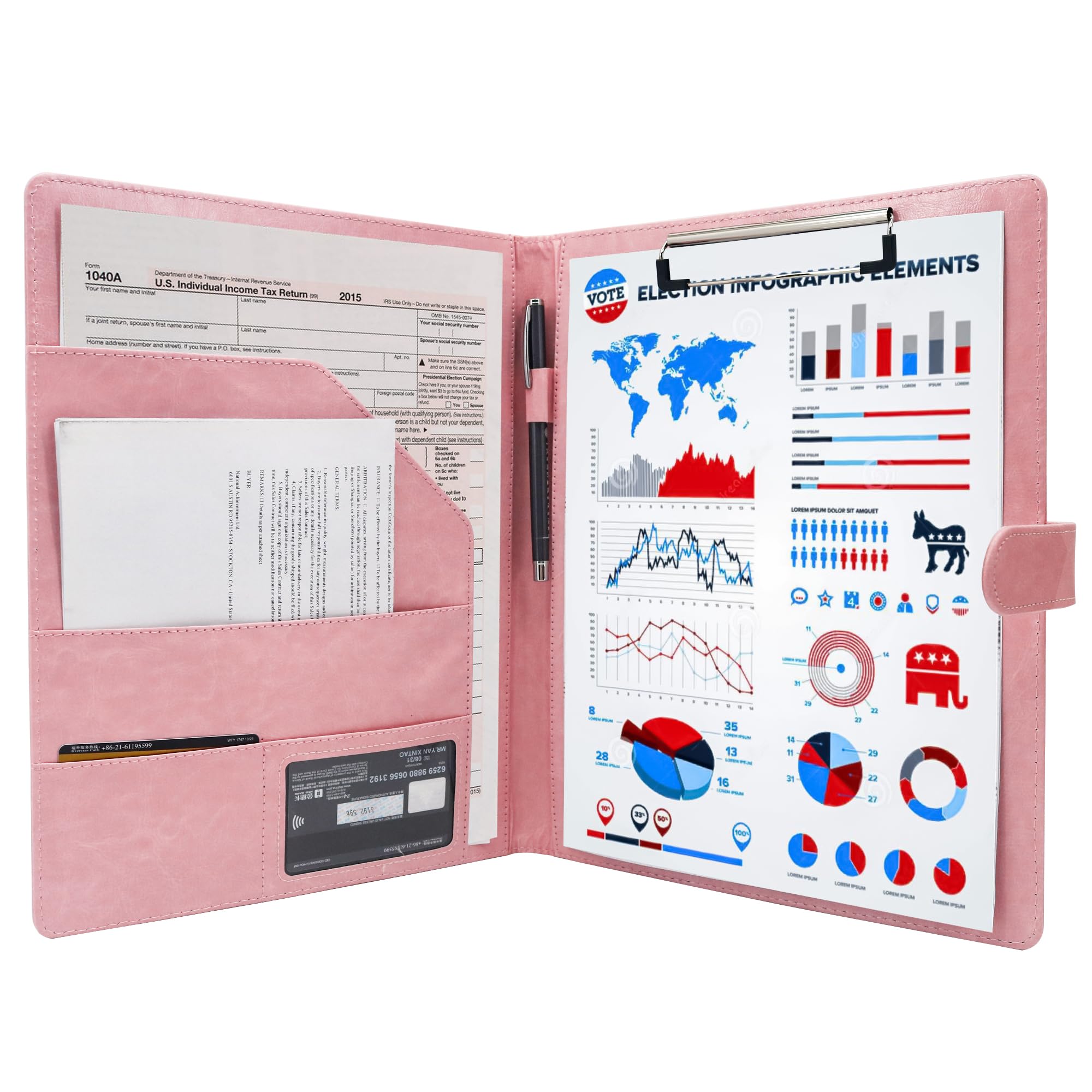 GraduationMall A4 Magnetic Conference Folder Clipboard with Storage Portfolio Padfolio PU Leather Interview Document Organizer Pink