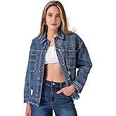 roswear Women's Denim Jacket Oversized Long Sleeve Shacket Shirts Distressed Jean Jackets Fall Outfits