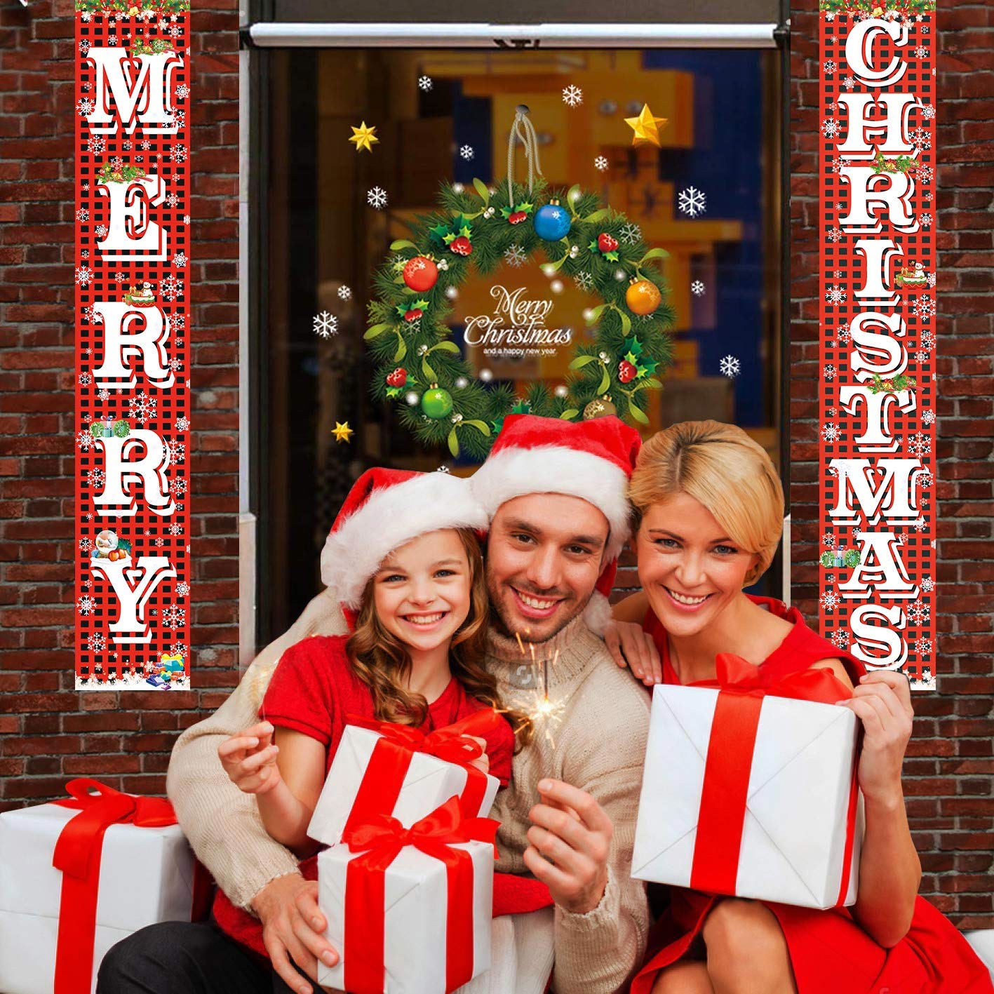 FECEDY Merry Christmas Hanging Banner Porch Sign with Pattern Christmas Tree Presents Snow Banner for Home Yard Indoor Outdoor Wall Door Christmas Party Decorations 72