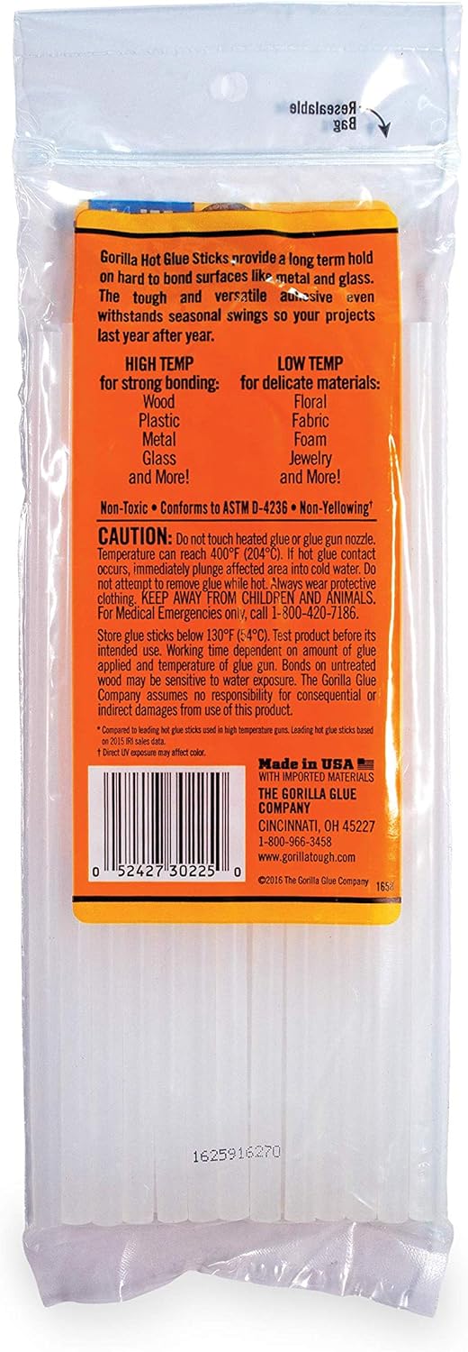 Gorilla Hot Glue Sticks, Mini Size, 8" Long x .27" Diameter, 25 Count, Clear, (Pack of 1): Home Improvement