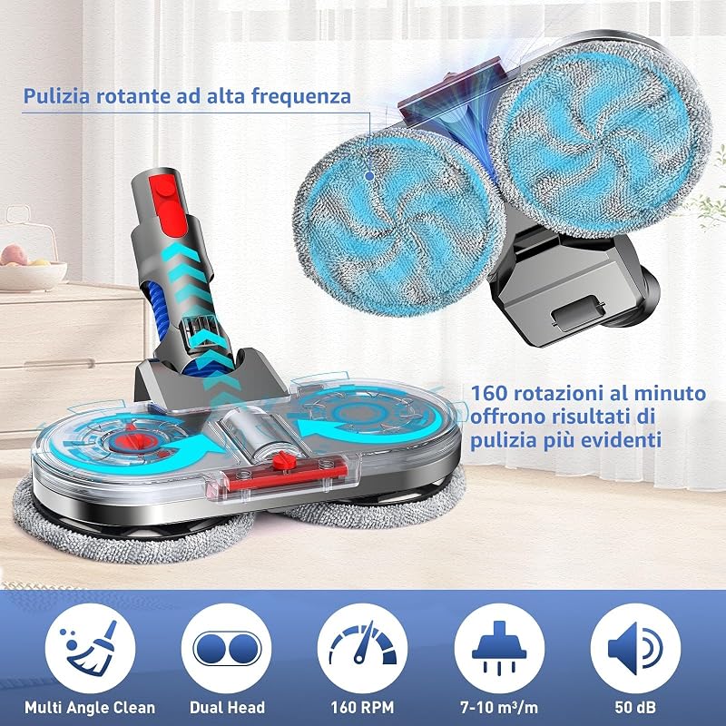 Testa di Mocio Elettrico per Aspirapolvere Dyson V7 V8 V10 V11 V15 Spazzola Lavapavimenti per Dyson con Serbatoio Rimovibile, Contenitore di Riempimento e 8 Panni Lavabili