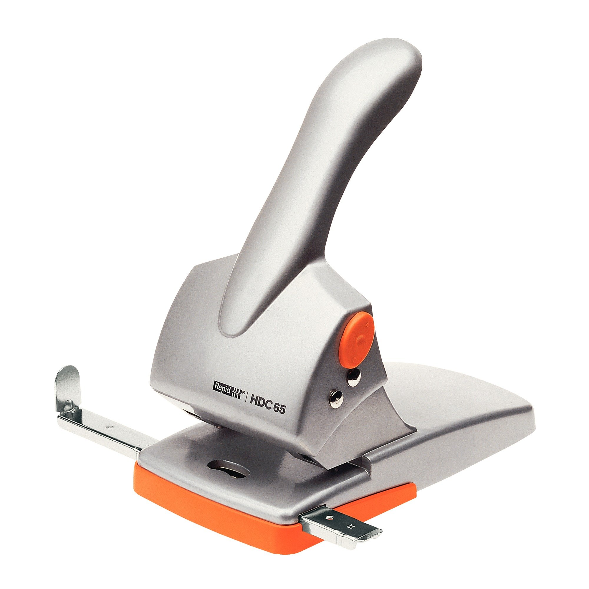 Rapid Fashion HDC65 Heavy Duty 2 Hole Punch, Punches up to 65 Sheets, Adjustable Guide Bar, Ergonomic Handle, Silver/Orange, 20922603