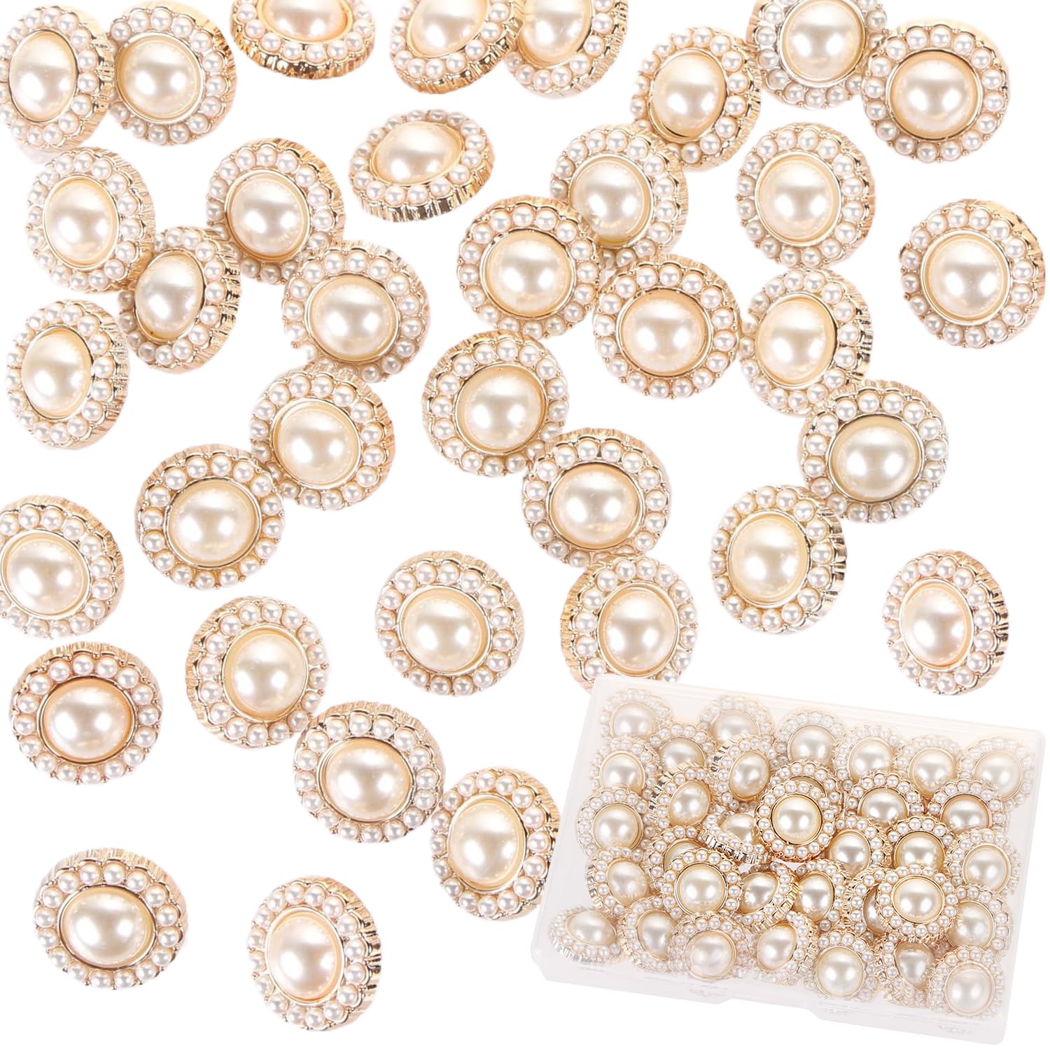 36PCS Faux Pearl Buttons,UHOMENY Gold Vintage Pearl Buttons Round Pearl Faux Pearl Decorative Buttons Women's Shirt Brooch Buttons with Box for DIY Sewing Clothing Craft (Gold, 21mm)