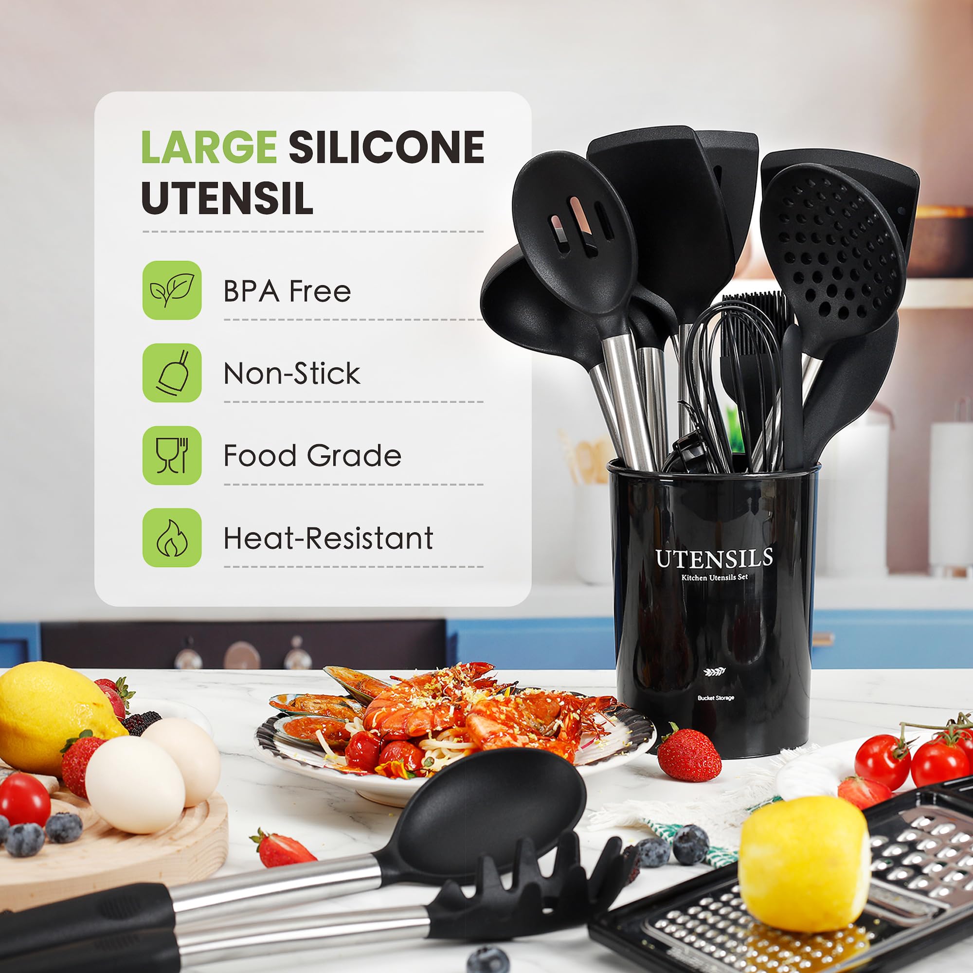 Large Cooking Utensils Set, 35 Pcs Kitchen Utensils Set with Holder, Silicone Spatula Set with Stainless Steel Handle, Whisk, Basting Brush, Kitchen Gadgets for Nonstick Cookware (Black)