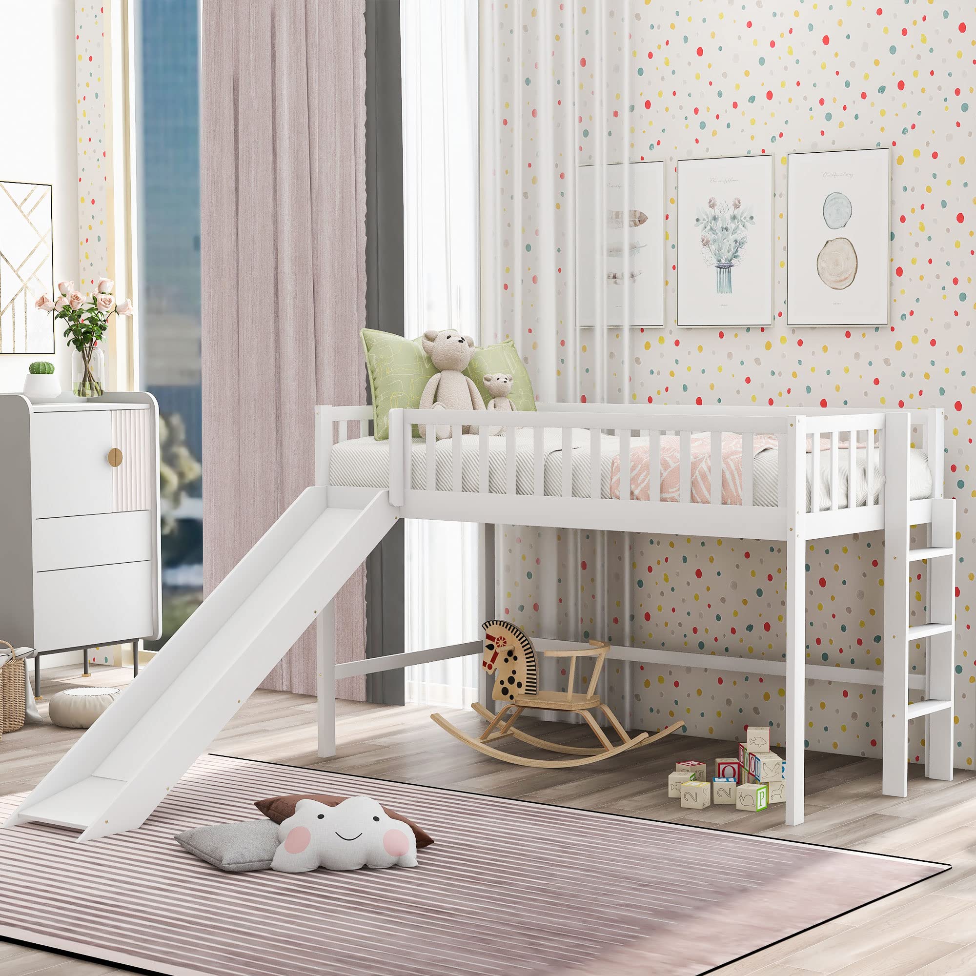 Photo 1 of Harper & Bright Designs Twin Size Low Loft Bed Frame with Ladder and Slide for Kids,White
