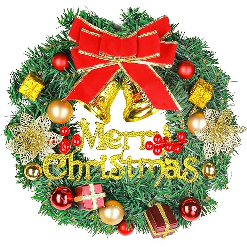 Flow fire 12Inch/30cm Christmas Wreath with Gold Ball, Red Ball and Bell, Xmas Wreath for Front Door, Wall, Window