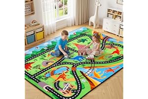 Zovalyx Kids Road Rug, City Car Play Mat for Kids with Realistic Colors (Dinosaur Park, 4' x 6'(Rectangular))