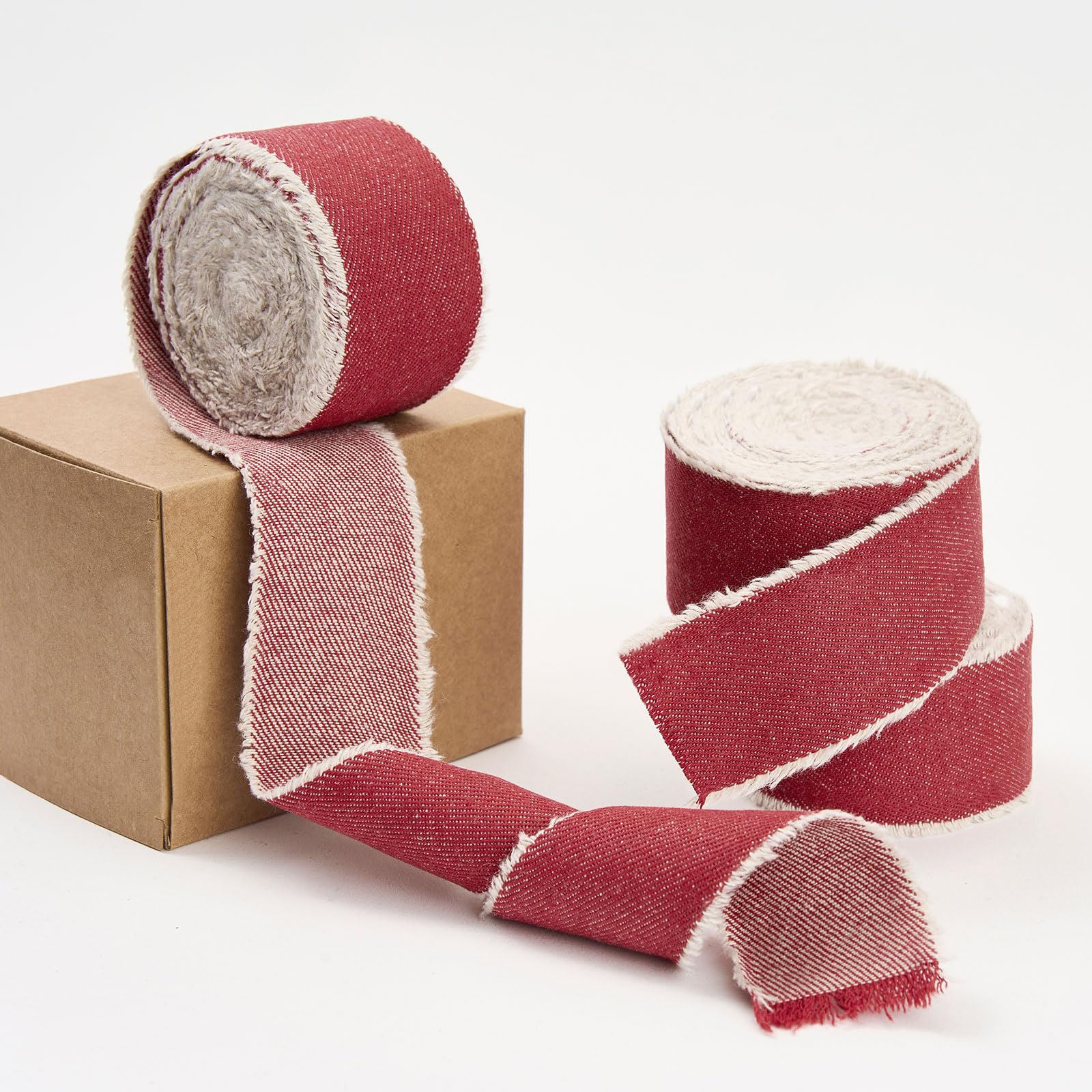 Pretty Jolly Red Denim Ribbon for Gift Wrapping Handmade Rustic Frayed Cotton Fabric Ribbon for Flower Bouquet Total 15 Yards 1 1/2 Inch Ribbons for Crafts Hair Wedding Invitation Holiday Decor