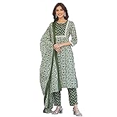 Janasya Indian Women's Cotton Olive Casual Printed Kurta Set for Women