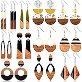 Henoyso 12 Pairs Wooden Earrings for Women Boho Dangle Geometric Lightweight Studs Resin Statement Earring