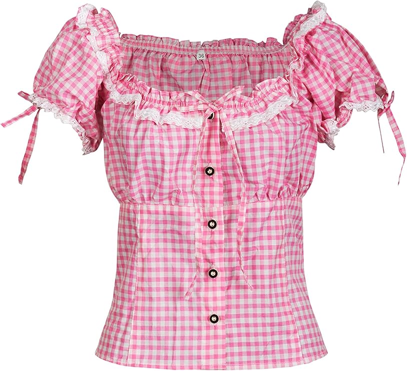 Trachtenbluse Damen Weiß Kariert - Oktoberfest Oberteil Mit Schnürung