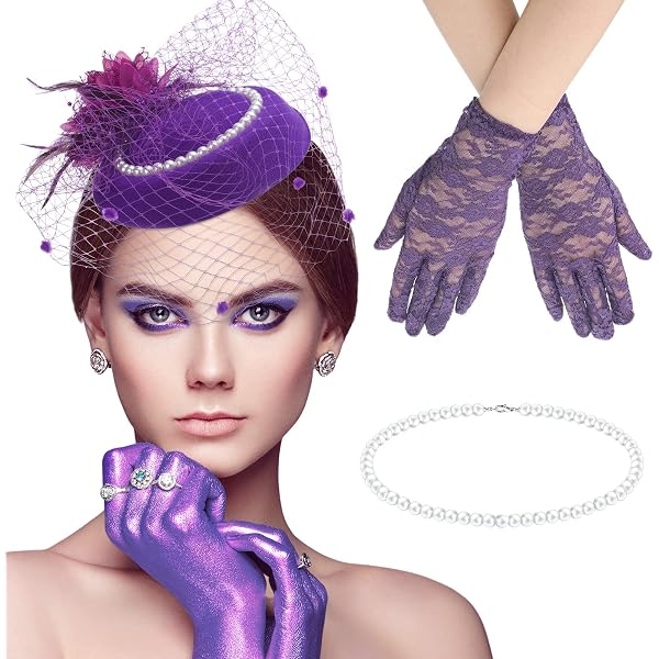 BABEYOND Tea Party Hat and Gloves Set for Women Pillbox Veil  display picture 1