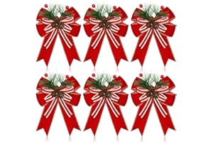 Moucuny 6 Pcs Christmas Velvet Bows with Pine Cones Pine Needles Xmas Red Ribbon Bow Ornaments for Christmas Farmhouse Indoor Outdoor Tree Wreath Garland DIY Crafts Decoration