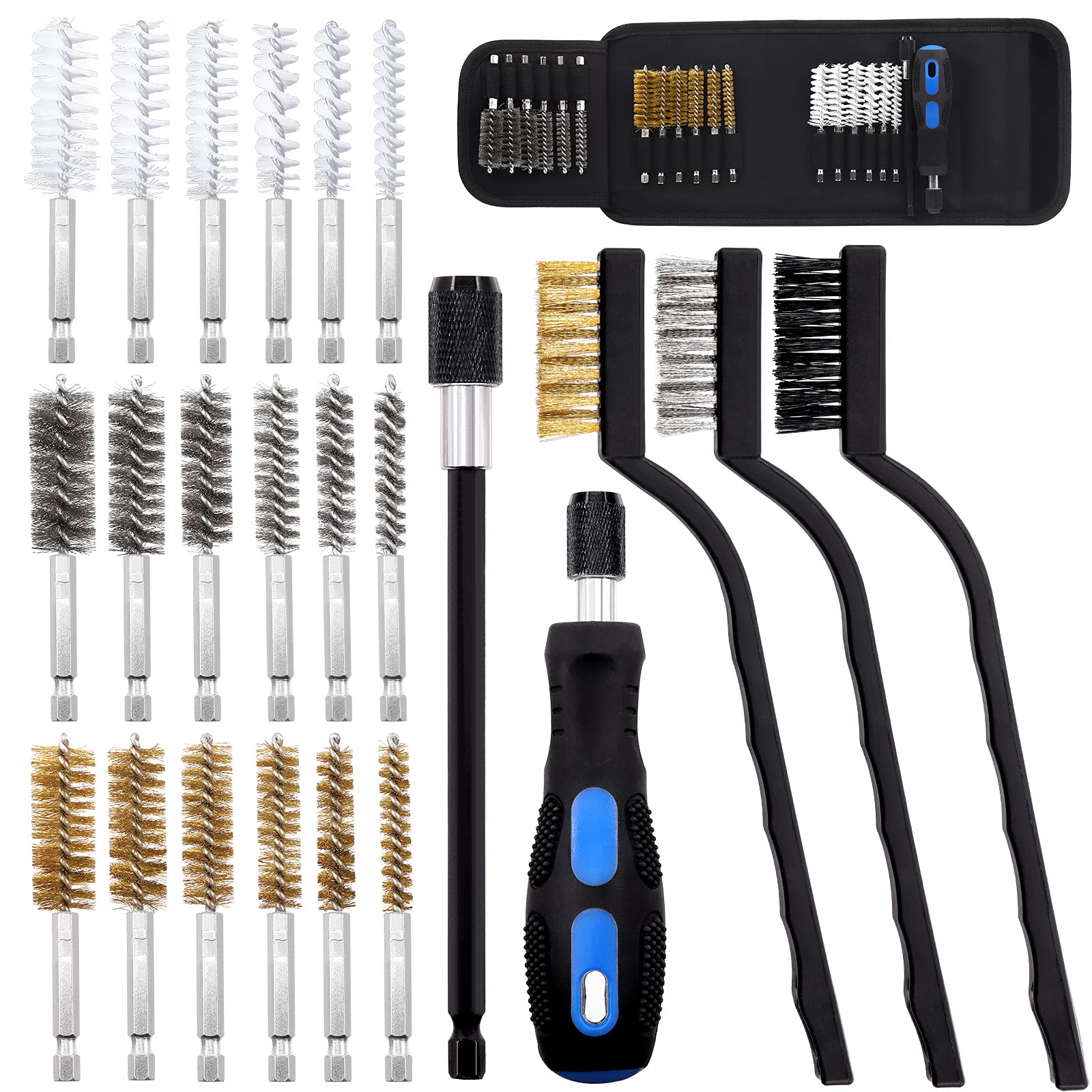 Wokape 23Pcs 6 Sizes Bore Wire Brush Set with Wire Scatch Brush Set, Stainless Steel, Brass, Nylon Cleaning Brush and Twisted Wire Cleaning Brush for Cleaning Welding Slag - 1/4 Inch Hex Shank