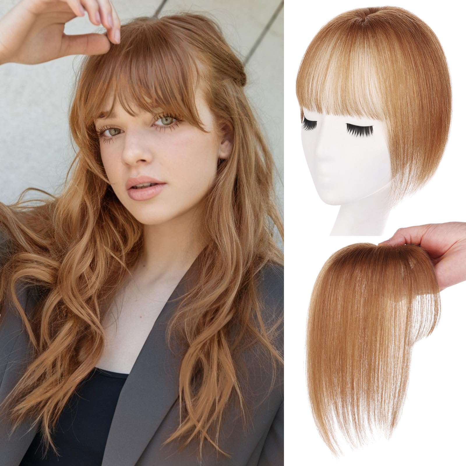 Photo 1 of Leeven Light Brown Hair Toppers With Bangs 360°3D Cover Clips In Bangs 100% Real Human Hair Curtain Bangs Hair Clip Hair Toppers With French Bangs for Women Daily Wear