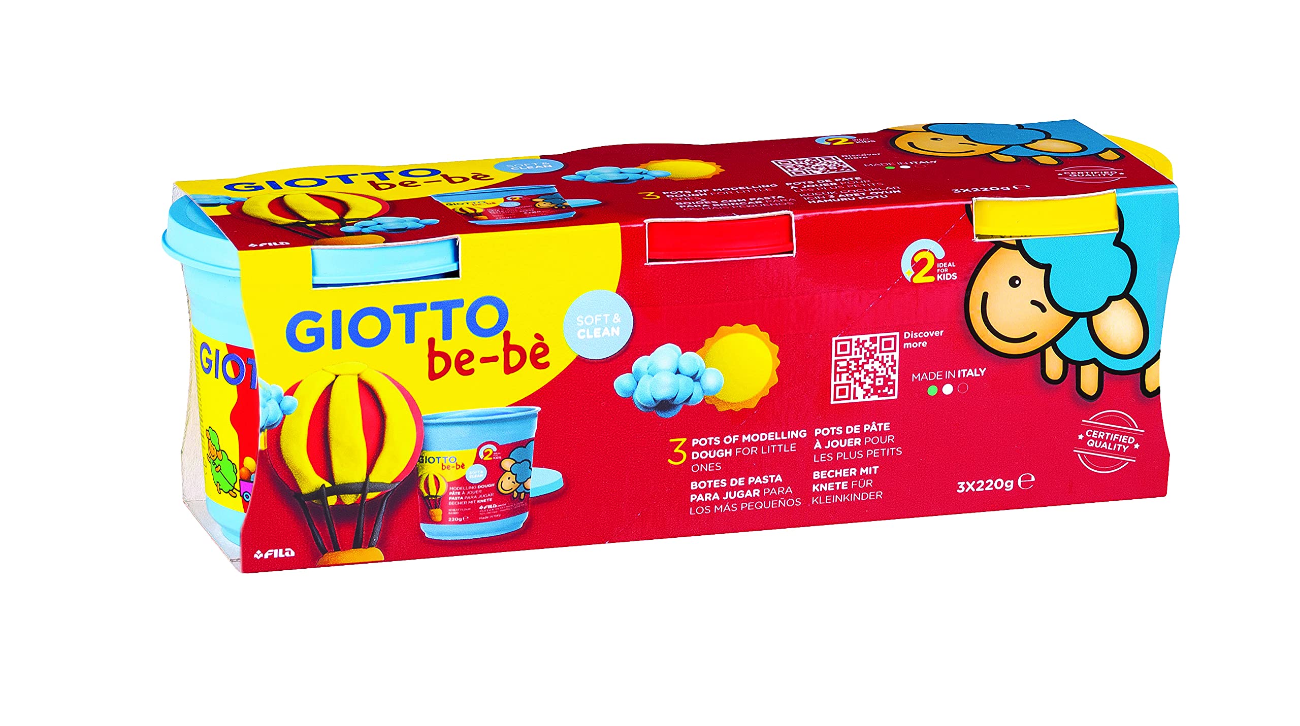GIOTTO be-bè Modelling Dough Pack for Young Children, 3 x 220g Pots, Red/Yellow/Blue, For Children and Schools